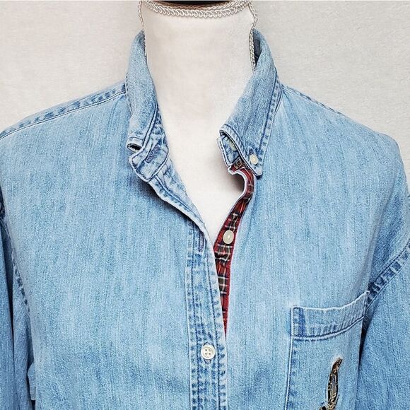 Vintage 1990s Lauren Ralph Lauren Chambray Stone Wash Button Up Logo Top Large - Picture 5 of 13